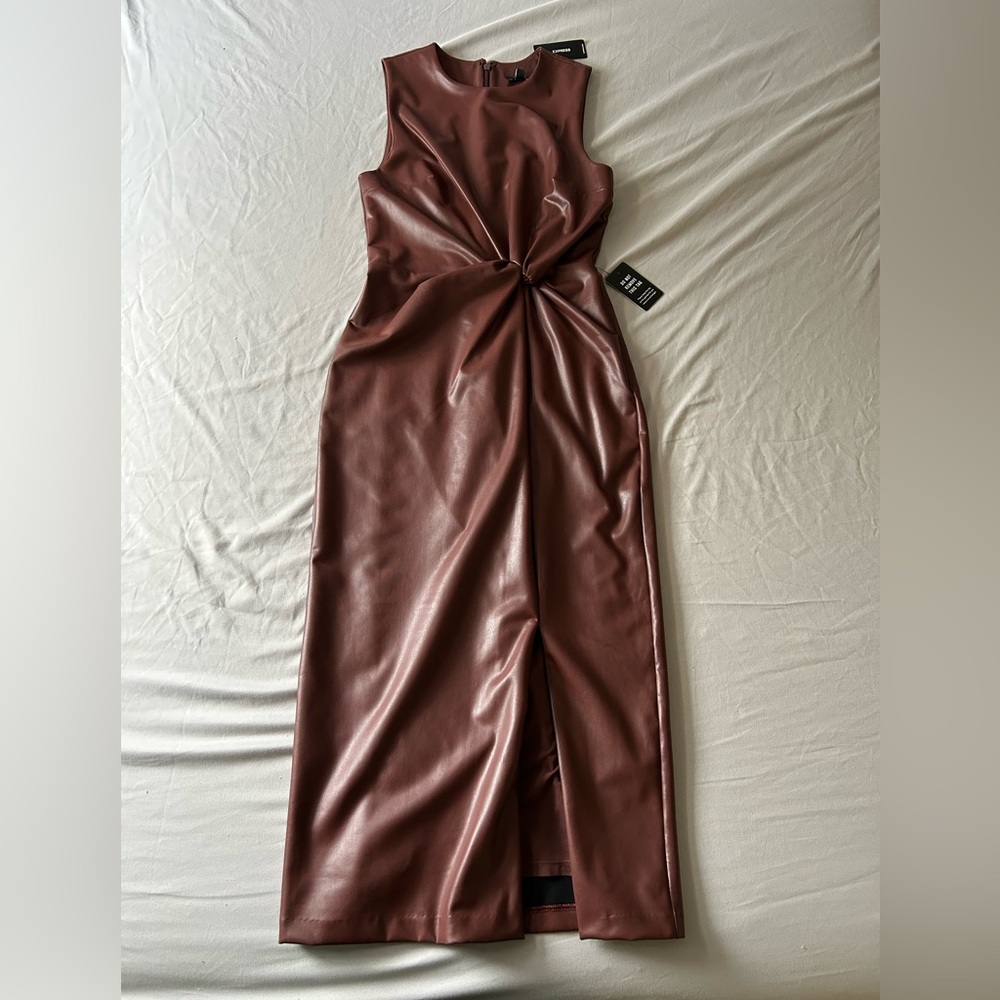 Brown Pleather Sleeveless Express Dress with Ruching Detail in Front & Leg Slit